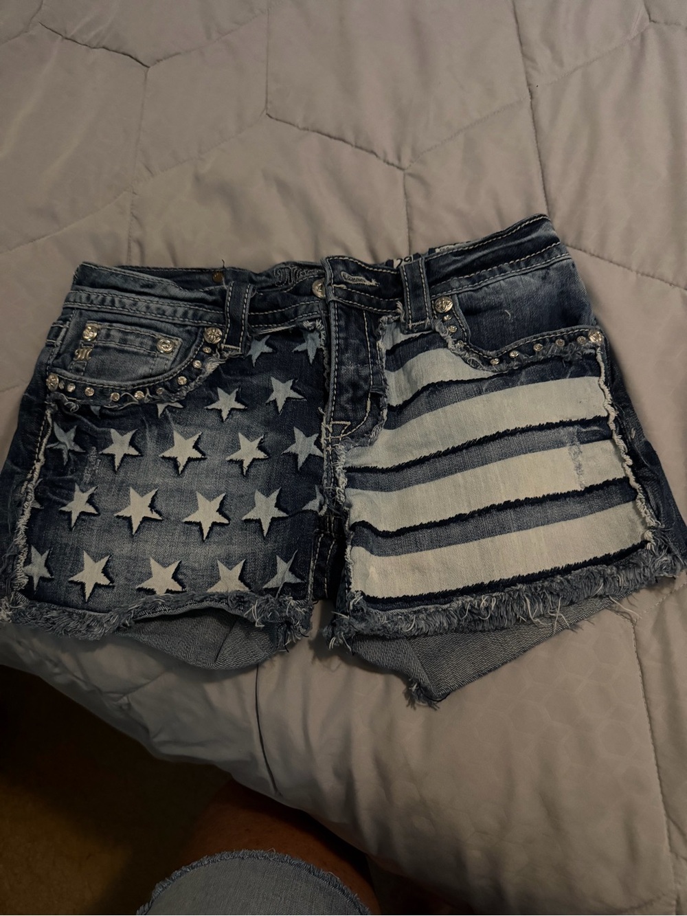 Miss Me Distressed American Flag Denim Shorts - Blue & White